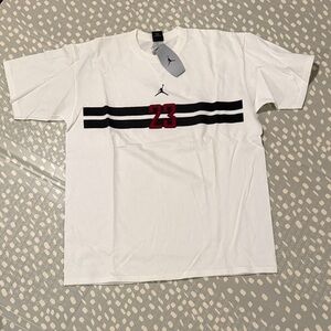 Jordan White Tee with Black Stripes and Red Number